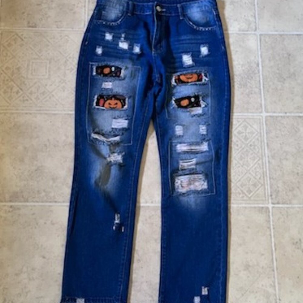 Halloween Patched‎ Distressed Denim Jeans. Size XL